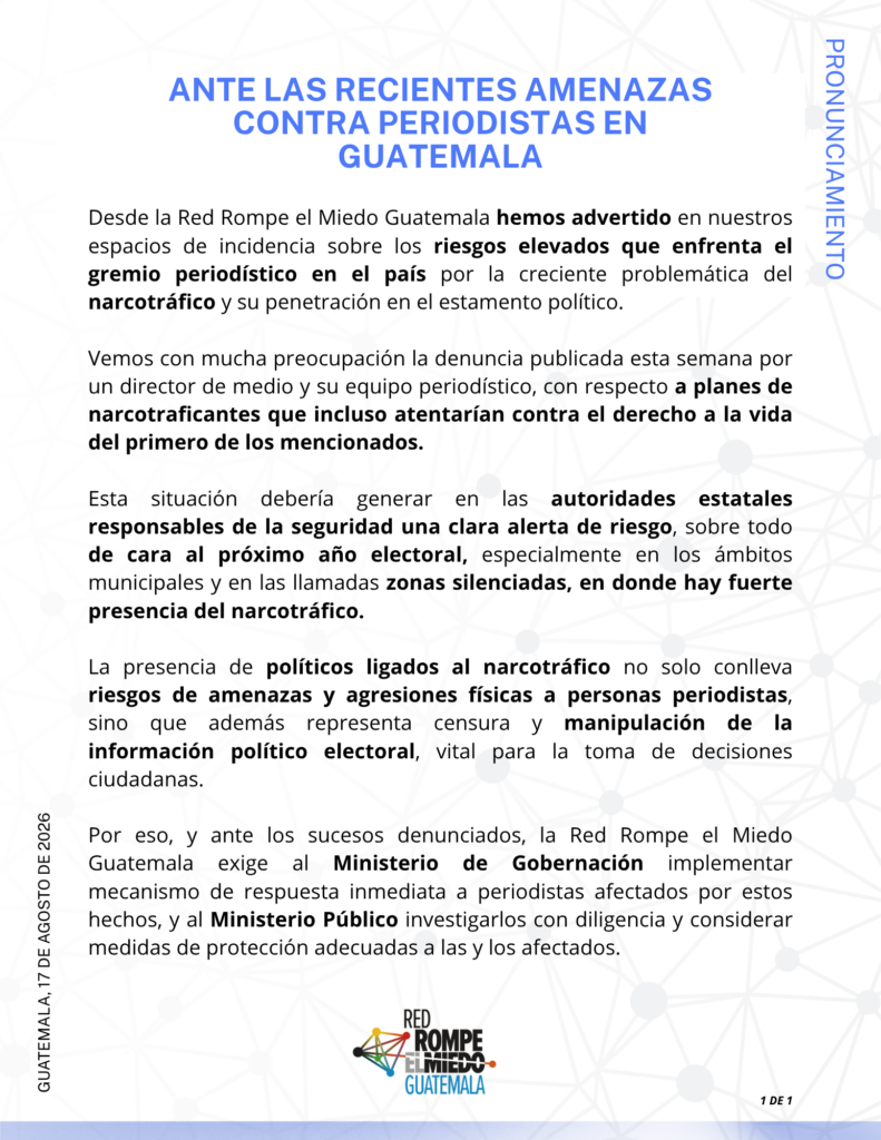 Pronunciamiento de la Red Rompe el Miedo en agosto 2026